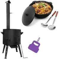 4BIG.fun Ø40 Uchag 2mm Stahl Utschak mit Abzugsrohr 12L Kazan NAMANGAN Grillfächer Schaumkelle Suppenkelle Utschak Utschag Kasan Feldküche Außenküche Eintopfofen Gulaschkanone