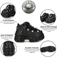 New rock M-OVERZ106B-C1 Gothic-Stiefeletten aus klobigem schwarzem Leder im Metallic-Look