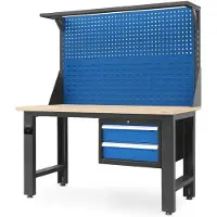 Jan Nowak Werkbank Werkstatt LOGAN Lochwand 2 Schubladen | Werktisch Montagewerkbank Arbeitstisch Werkstatteinrichtung Packtisch 170x150x75cm Anthrazit-Blau Platte Braun