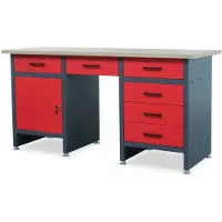 Jan Nowak Werkbank Werkstatt FRANK 6 Schubladen 1x Schließfach MDF-Tischplatte Braun | Werktisch Montagewerkbank Arbeitstisch Werkstatteinrichtung 85x170x60cm Anthrazit-Rot
