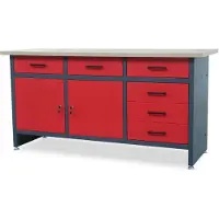 Jan Nowak Werkbank Werkstatt HENRY 6 Schubladen 2x Schließfach MDF-Tischplatte Braun | Werktisch Montagewerkbank Arbeitstisch Werkstatteinrichtung 85x170x60cm Anthrazit-Rot