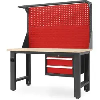 Jan Nowak Werkbank Werkstatt LOGAN Lochwand 2 Schubladen | Werktisch Montagewerkbank Arbeitstisch Werkstatteinrichtung Packtisch 170x150x75cm Anthrazit-Rot Platte Braun