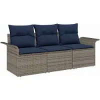 vidaXL Sofa Set mit Kissen 3 pcs Grau und Marineblau Poly-Rattan