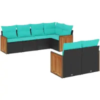 vidaXL 7-teiliges Gartensofa-Set mit Kissen, schwarzes Polyrattan