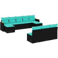 vidaXL 10-teiliges Gartensofa-Set mit Kissen, schwarzes Polyrattan
