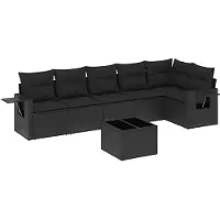 vidaXL 7-tlg. Garten-Sofagarnitur mit Kissen Schwarz Poly Rattan