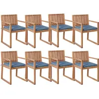 Beliani Gartenstuhl 8er Set Hellbraun es Akazienholz Lamellen-Optik mit Sitzkissen Blau Leinenoptik UV-beständig Rustikal Holzstuhl
