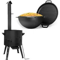 4BIG.fun Ø40 Uchag 2mm Stahl Utschak mit Abzugsrohr Utschag Campingofen 12L Gusseisen Kazan mit Gusseisen Deckel-Grillpfanne Kasan Feuerstelle Feldküche