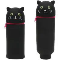 Markenlos Federmäppchen mit schwarzer Katze, 2-in-1-Federmäppchen aus Silikon, Stiftehalter, Schulgeschenk für Mädchen, Reißverschluss, für Buntstifte und Filzstifte, 20 cm hoch
