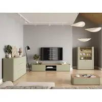 Lomadox Wohnzimmer Set in Grün mit Eiche 220 cm Lowboard, Vitrine inkl. Beleuchtung, 4-teilig - ELOY-141