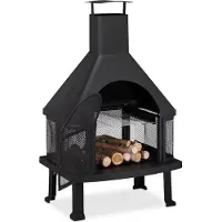 Relaxdays Terrassenofen mit Grill, Feuerstelle mit Funkenschutz, Schürhaken, massiv, Stahl, 110 x 63 x 51 cm, schwarz