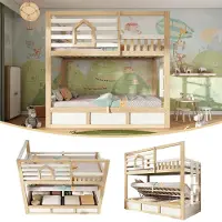 SUCCESS COURIER Kinder Etagenbett 90x200 cm Kiefernholz Weiß Hochbett mit Hydraulik Stauraum Hüttenstil Bettgestell mit Lattenrost & Fenster EN747 Ohne Matratze