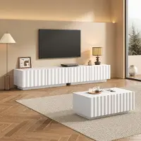 Merax Wohnzimmer-Set mit Wellenoptik, TV-Schrank + Couchtisch, modernes Stauraumset mit 6 Schubladen, Wohnzimmermöbel aus MDF und PB, Weiß