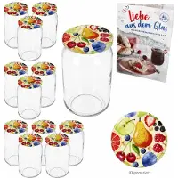 MamboCat 12er Set Sturzglas 720ml Einmachglas Comic-Obst Deckel Rezept-Heft