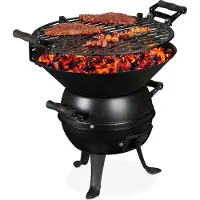 Relaxdays Grillfass, Gusseisen und Stahl, höhenverstellbar, tragbar, Barbecue Holzkohlegrill, Grillrost Ø 35 cm, schwarz