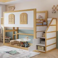 OKWISH Kinderbett 90x200 mit Matratze und Staufächern, Hochbett mit Sicherheitsgeländer und Fensterdesign, Einzelbett in Weiß