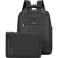 Golla Set aus Rucksack und Neopren Laptop-Sleeve 15 Zoll, Black - Laptop-Rucksack (Lederoptik, Seitentasche für Trinkflaschen) Laptoptasche mit Polsterung inkl. Bluetooth-Kopfhörer (Farbe zufällig)