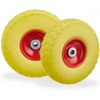 Relaxdays 4 x Sackkarrenrad, pannensichere Vollgummireifen, 4.1/3.5-4, 16 mm Achse, bis 150 kg, H x D: 26 x 8,5 cm, gelb/rot