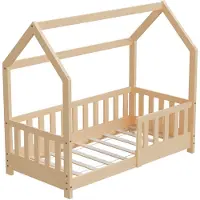 HAGO HAGO24 Kinderbett 70x140cm Natur Hausbett Dach Rausfallschutz Massivholz Kiefer Spielbett Lattenrost Bodentief Montessori