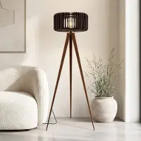 LumenXL Stehleuchte Oakly mit Metall-Dreibein und Holzschirm in Walnussoptik