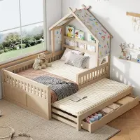Flieks Kinderbett Hausbett 140x200cm mit Ausziehbett, Kinder Holzbett Doppelbett mit 3 Schubladen, Kinderbett mit Bettvorhängen, Cream