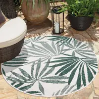 Carpet City Teppich Outdoor Wetterfest - Grün, Creme - Wendeteppich - 120 cm Rund - Florales Muster