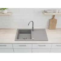 Faizee Home [Granitspüle 76x44 +Spülkorb+ Armatur] Hochwertige Eckige Einbaugranitspüle Granit f. Unterschränke ab 45 cm inkl.Siphon Set, Farben:Grau