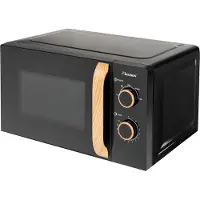 Bestron 700 Watt Mikrowelle, zweiteiliges Kontrollpanel mit 5 Leistungsstufen & 35Min. Timer, stufenlos regelbar, mit 25.5cm Drehteller für alle gängigen Größen, Black & Wood, Farbe: Schwarz/Holzoptik