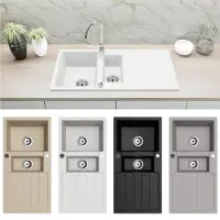 Faizee Home Granitspüle Spülbecken Küchenspüle Einbauspüle 100x50 cm 2 Becken mit Abtropffläche inklusive Zubehör-Set, Farben:Weiß