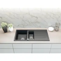Faizee Home [Granitspüle 100x50 Schwarz]Hochwertig beidseitig Montierbar Küchenspüle Eckig Einbaugranitspüle Granit Spülbecken f. Unterschränke ab 45 cm inkl.Siphon Set