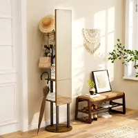 MODFU Multifunktionaler Garderobenständer mit Ganzkörperspiegel,360° Drehbarer Garderobe mit mit Haken,Freistehender Kleiderschrank,Vintage-Braun