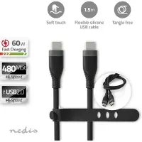 Nedis USB-Kabel - USB 2.0 - USB-C Stecker - USB-C Stecker - 60 W - 480 Mbps - Vernickelt - 1.50 m - Rund - Silikon - Schwarz - Box