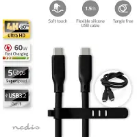 Nedis USB-Kabel - USB 3.2 Gen 1 - USB-C Stecker - USB-C Stecker - 60 W - 4K@60Hz - 5 Gbps - Vernickelt - 1.50 m - Rund - Silikon - Schwarz - Box