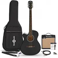 Gear4Music Single-Cutaway-Elektroakustikgitarre (linkshändig) Schwarz mit 15-Watt-Verstärker und Zubehörset