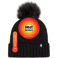 Heat Holder Damen Winter Pelz Beanie Mütze | Wärmehalter | Zickzack gemusterte Pom Pom Hut | Womens Thermal Cuff Bobble Hat - Schwarz