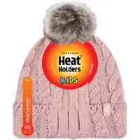Heat Holder Wärmehalter - Mädchen Bommel Pom Pom Mütze und Handschuhe Set | Turn Over Cuff Hat & Cable Knit Gloves Style - Dusky Pink