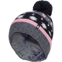 Heat Holder - Ladies Warm Knit Fleece gefüttert Winter Warm Hat mit Pom Pom - Grau / Schwarz