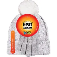 Heat Holder Wärmehalter - Set aus Bommelmütze und Handschuhen für Mädchen | Mütze mit umgeschlagener Manschette und Kabelstrickhandschuhe - Haferflocken-Twist