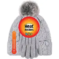Heat Holder Wärmehalter - Set aus Bommelmütze und Handschuhen für Mädchen | Mütze mit umgeschlagener Manschette und Kabelstrickhandschuhe - Frostgrau meliert