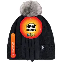 Heat Holder Wärmehalter - Girls Bobble Pom Pom Hat and Gloves Set | Turn Over Cuff Hat & Cable Knit Gloves Style - Schwarz
