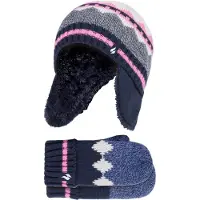Heat Holder Wärmehalter - Girls Nordic Pattern Fairisle Design Trappermütze mit Pom Pom und Fäustlinge Handschuhe Set - Navy