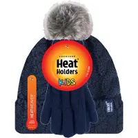 Heat Holder Wärmehalter - Girls Bobble Pom Pom Hat and Gloves Set | Turn Over Cuff Hat & Cable Knit Gloves Style - Navy