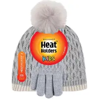 Heat Holder - Thermoisolierte Pom Pom Bommelmütze und Handschuhe für Mädchen | Bunte Pastellfarben - Wolkengrau
