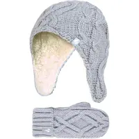 Heat Holder Wärmehalter - Mädchen Majestic Soft Cosy Kabel gestrickt Design Bobble Trapper Mütze und Handschuhe Handschuhe Set - Frost Grey