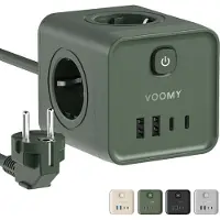 Voomy 8-in-1 Heim Mehrfachsteckdose mit 20W USB-C – 4-Fach, 2 USB-C & 2 USB-A – Steckdosenleiste mit Überspannungsschutz & Schalter – 2M Kabel – Grün
