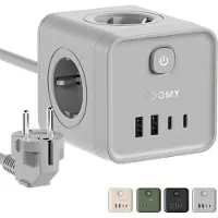 Voomy 8-in-1 Heim Mehrfachsteckdose mit 20W USB-C – 4-Fach, 2 USB-C & 2 USB-A – Steckdosenleiste mit Überspannungsschutz & Schalter – 2M Kabel – Grau