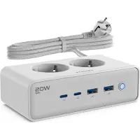 Voomy 6-in-1 Steckdosenleiste 20W USB-C – 2x USB-C & 2x USB-A – Mehrfachsteckdose mit 2 Steckplätzen – 4000W – 2M Kabel – Weiß