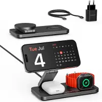 Voomy Kabelloses Ladegerät 3-in-1 – 15W MagSafe Schnellladegerät – Faltbares Premium-Aluminium-Design – Für iPhone, Apple Watch & AirPods – Inkl. Adapter – Schwarz