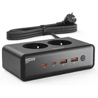 Voomy 6-in-1 Steckdosenleiste 65W USB-C – 2x USB-C & 2x USB-A – Mehrfachsteckdose mit 2 Steckplätzen – 4000W – 2M Kabel – Schwarz