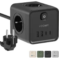 Voomy 8-in-1 Heim Mehrfachsteckdose mit 20W USB-C – 4-Fach, 2 USB-C & 2 USB-A – Steckdosenleiste mit Überspannungsschutz & Schalter – 2M Kabel – Schwarz